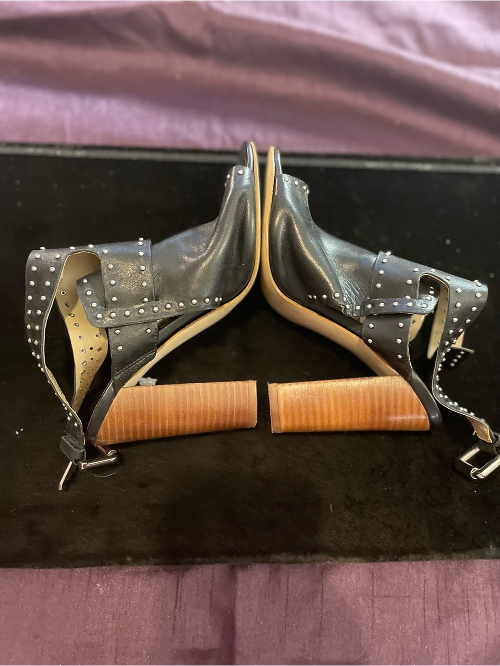Sexy Studded Black Leather Block Heel Sandals size 5.5 by Guess